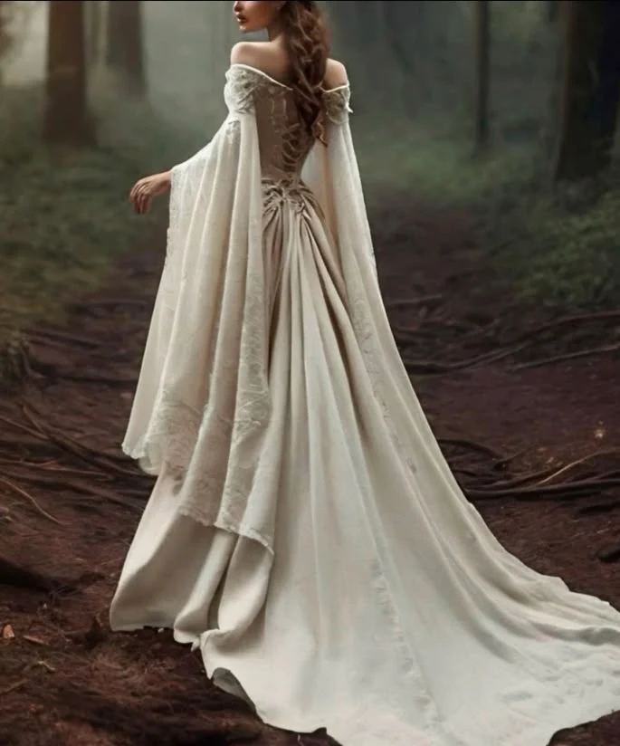 Vintage Off The Shoulder Wedding Dress with Cape Lace Up Lace Applique Bridal Dress fg7469 - Image 2