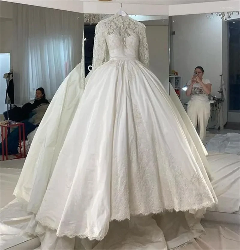 Wedding Dress 3D Flowers Pearls High Neck Lace Dresses Bridal Long Sleeve Ball Gowns For Women Ivory Muslim Engagement Dress fg4043 - Image 2