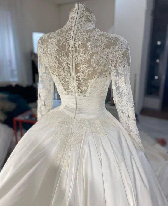Wedding Dress 3D Flowers Pearls High Neck Lace Dresses Bridal Long Sleeve Ball Gowns For Women Ivory Muslim Engagement Dress fg4043 - Image 3