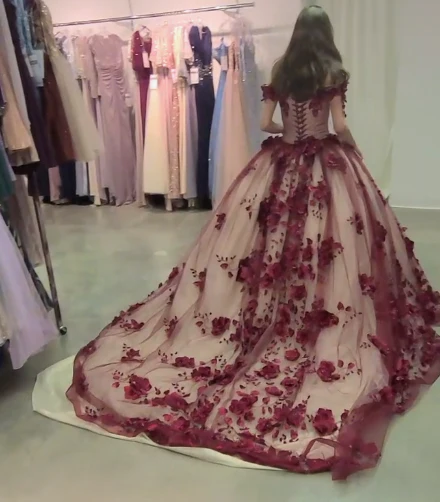 Wine Red Quince Gown with train Charming Prom Dress Ball Gown Evening Dress fg2749 - Image 2