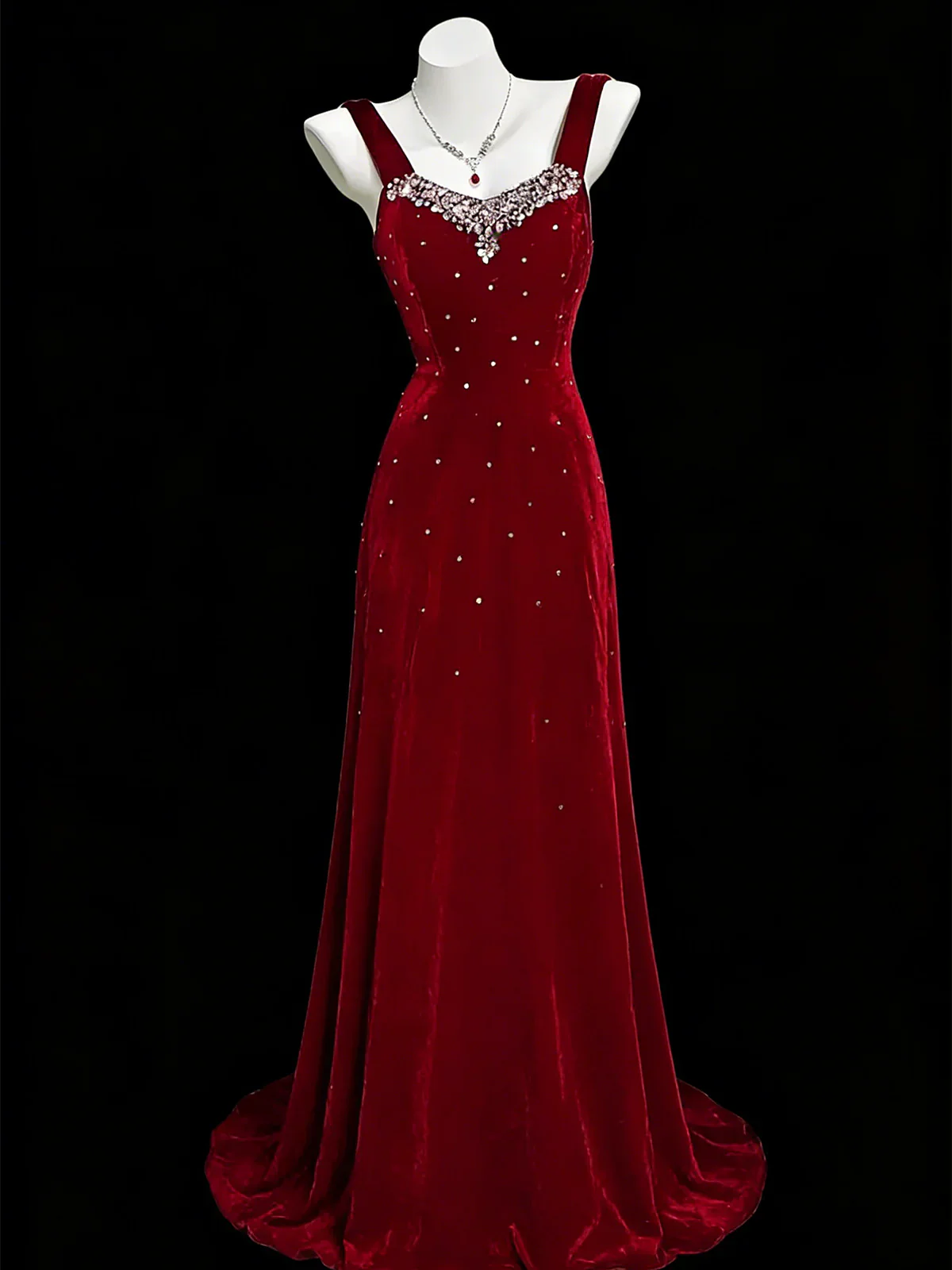 Wine Red Beaded A-line Velvet Straps Prom Dress, Wine Red Velvet Party Dress fg8729