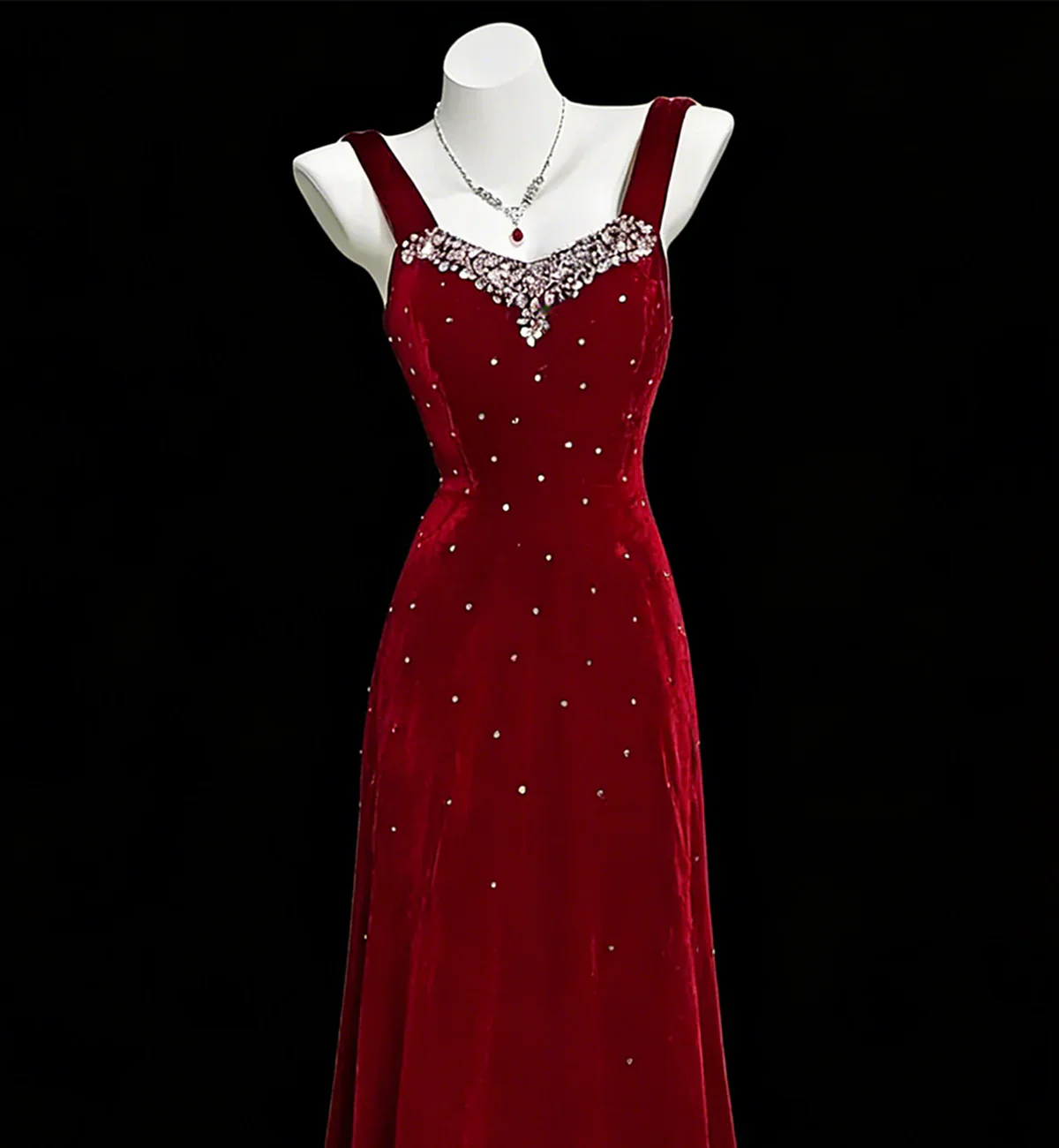 Wine Red Beaded A-line Velvet Straps Prom Dress, Wine Red Velvet Party Dress fg8729 - Image 2
