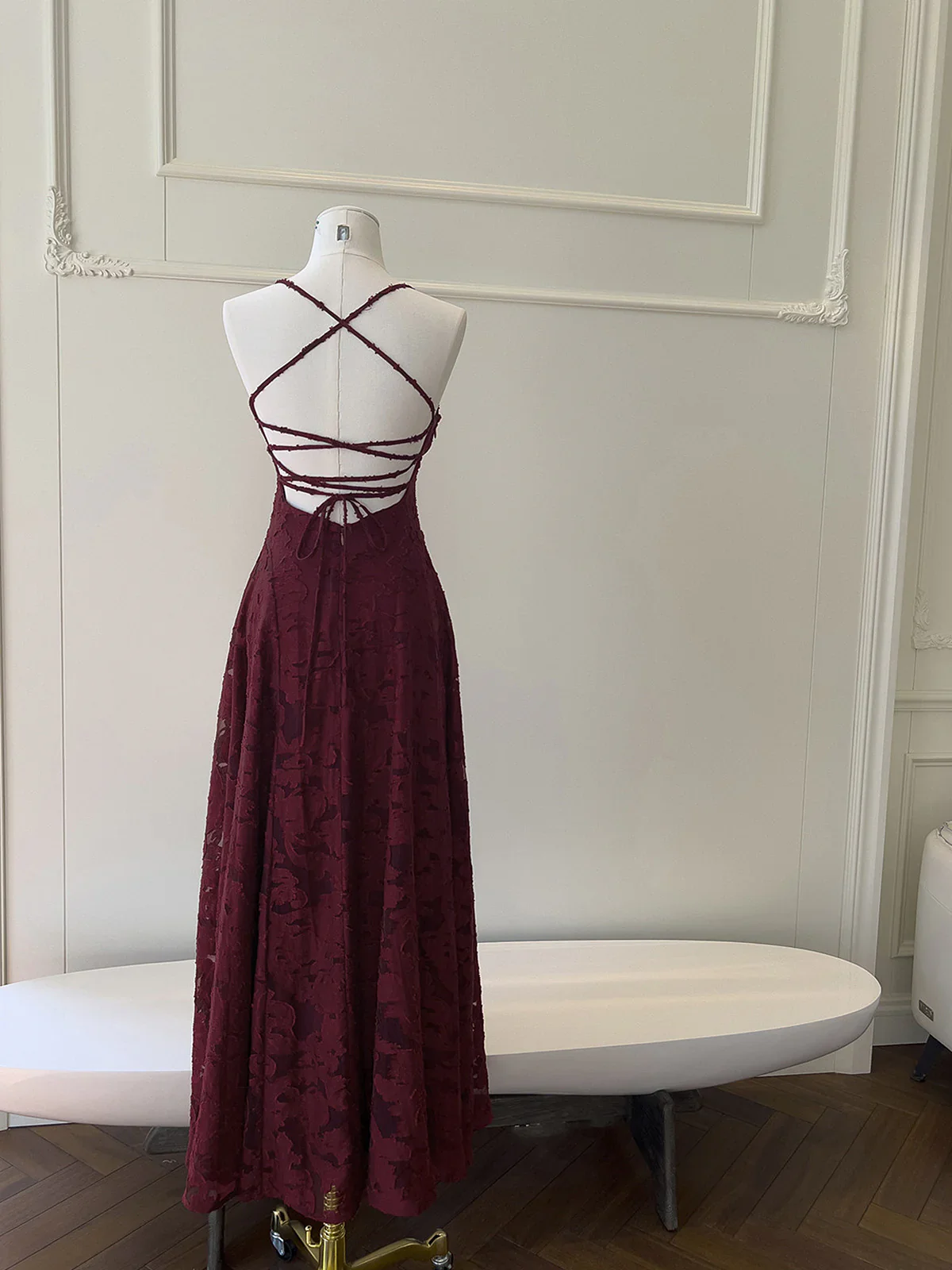 Wine Red Lace Cross Back Party Dress Prom Dress, Wine Red A-line Evening Dress  fg8740 - Image 3