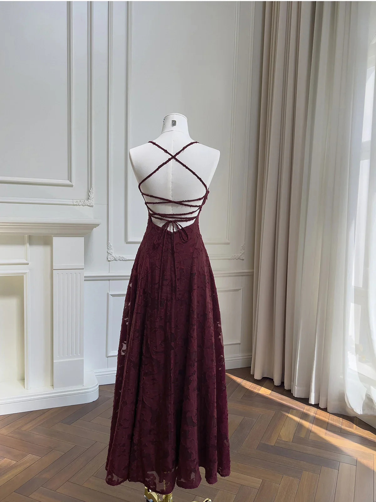 Wine Red Lace Cross Back Party Dress Prom Dress, Wine Red A-line Evening Dress  fg8740 - Image 4