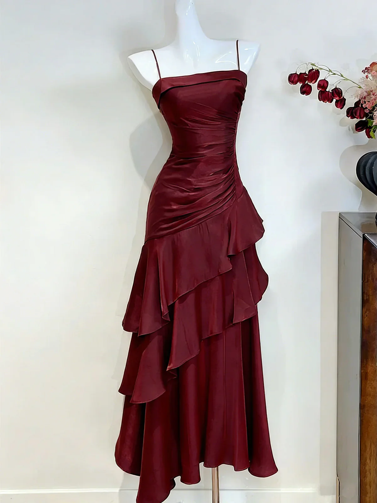 Wine Red Satin Ruched Prom Dress,Spaghetti Straps Tiered Party Dress Evening Dress fg8720