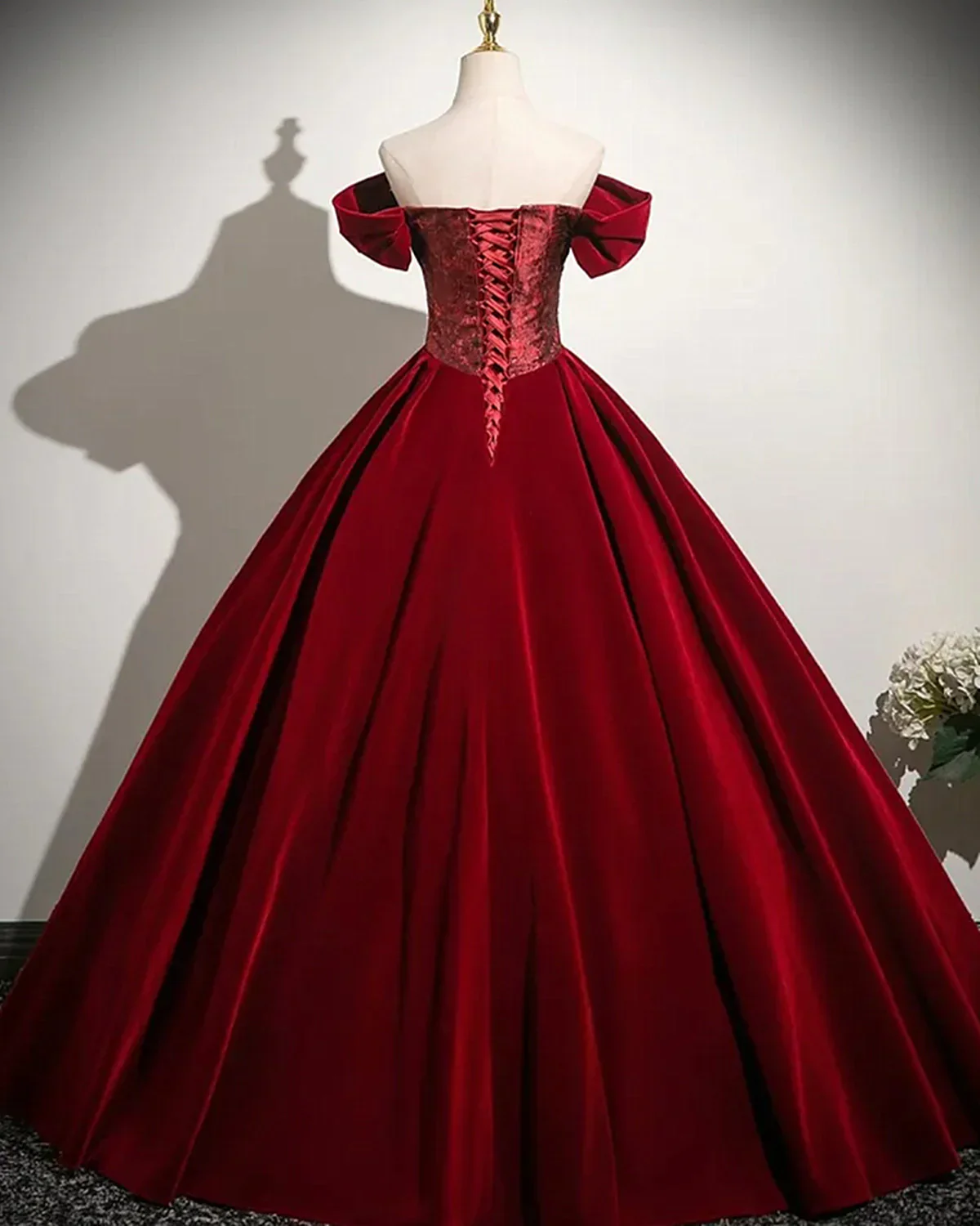 Wine Red Velvet Off Shoulder Long Prom Dress, Wine Red Sweetheart Party Dress Evening Dress fg8737 - Image 3