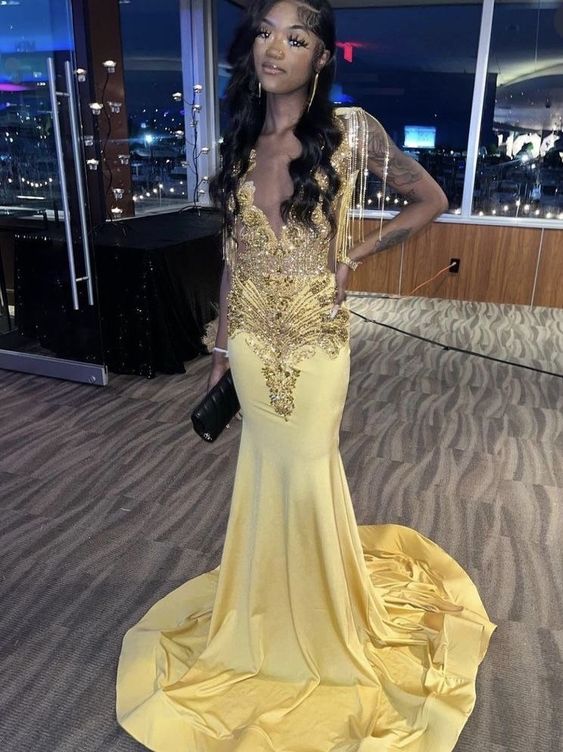 Yellow Beaded Long Prom Dress Formal Party Dress Mermaid Prom Dress         fg4349 - Image 2