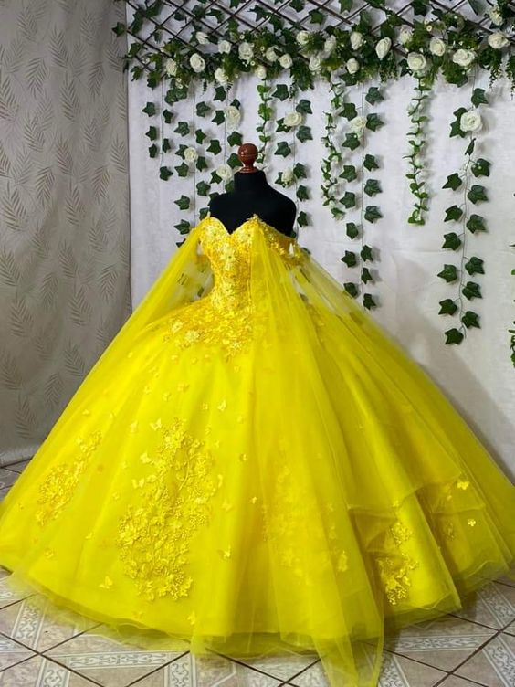 Yellow lace quince dress off shoulder cinderella prom ball gown fg4655 - Image 2