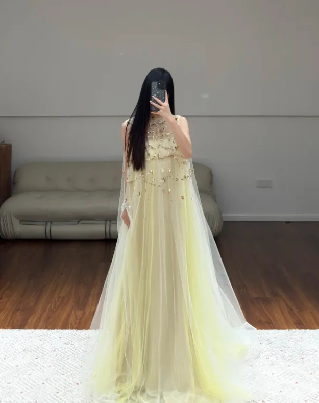 Yellow Tulle Prom Party Dress Sequin Evening Dress Party Dress fg8621