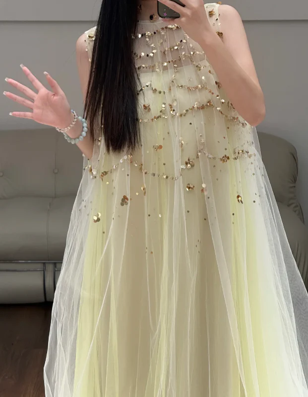 Yellow Tulle Prom Party Dress Sequin Evening Dress Party Dress fg8621 - Image 2